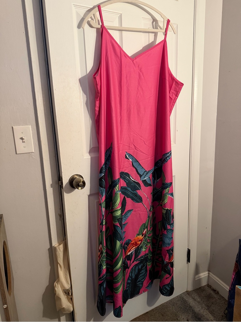SHEIN Hot Pink Maxi Slip Dress with Tropical Leaf Print